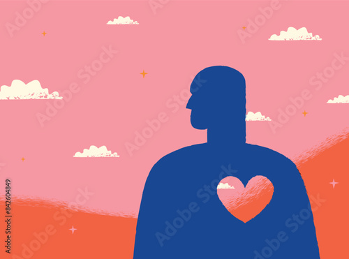 The silhouette of a man with an empty heart, a metaphor of loneliness, psychological trauma, a conscious life without a partner. Textured vector illustration.