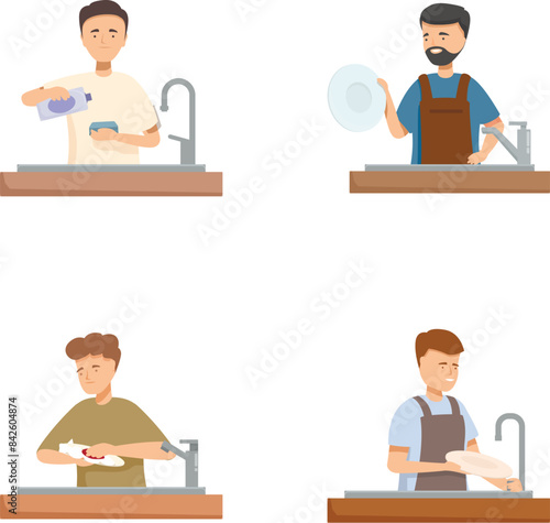 Set of illustrations with men cooking, washing dishes, and doing kitchen work