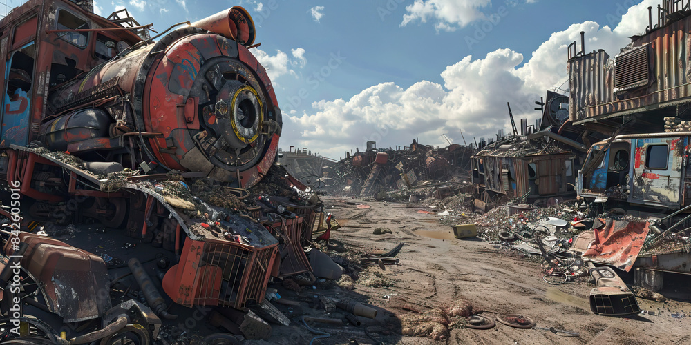 Fototapeta premium The Scrapyard Saga: Tales from a Junk City - Stories of resilience, courage, and hope, passed down through generations, celebrating the indomitable spirit 