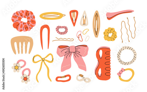 Hand drawn hair accessories. Female hair cartoon scrunchies, headbands, hair tie and elastic bands flat vector illustration set. Hair accessory doodle collection