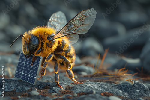 bee carrying solar panel; ecological energy sources; energy from the sun; sustainable, environmentally friendly house; sustainability, ecology, ecological; installing solar panels copy space for text photo