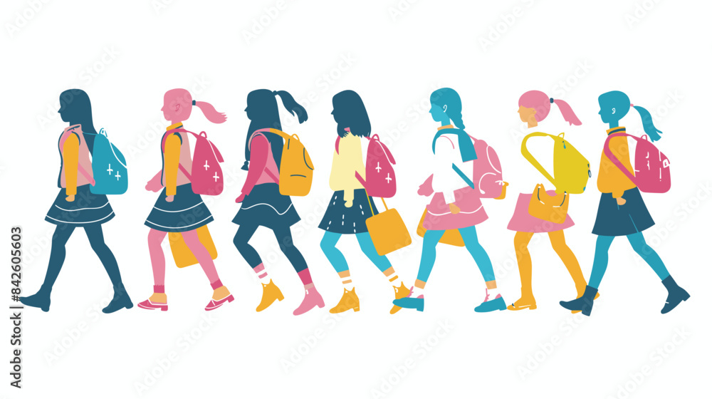 Obraz premium Diverse group girls walking side side, colorful flat design. School children uniforms backpacks, casual clothing, friendship concept. Trendy female students, stylish young characters, education