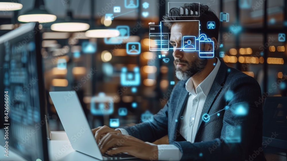 A handsome project manager works at a computer in an office. augmented reality social media icons appear on the employee's laptop. Internet of things, connectivity and online concept. Generative AI. A handsome project manager works at a computer in an office. augmented reality social media icons appear on the employee's laptop. Internet of things, connectivity and online concept. Generative AI.