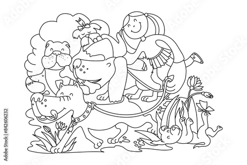 Coloring page. Girl walks the dogs outside. Coloring game for kids. Printable education worksheet. Sketch vector illustration.