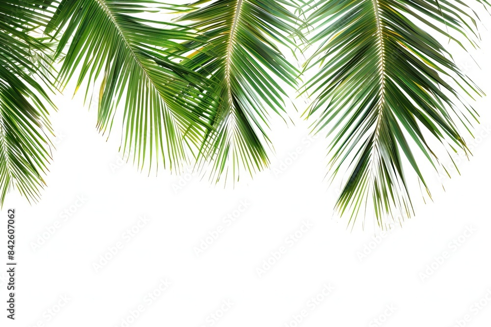 Naklejka premium Tropical palm tree leaves over a white background, perfect for summer-themed projects or backgrounds.
