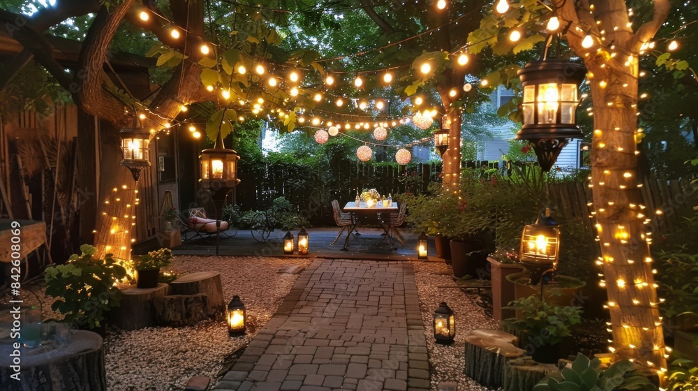 A rustic outdoor patio with string lights and lanterns, creating a magical evening setting. A rustic outdoor patio with string lights and lanterns, creating a magical evening setting.