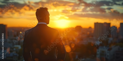 Wealthy businessman considering new investments in city at sunset. Concept Business Strategies, Investment Opportunities, Cityscape Sunset, Wealth Management, Urban Development