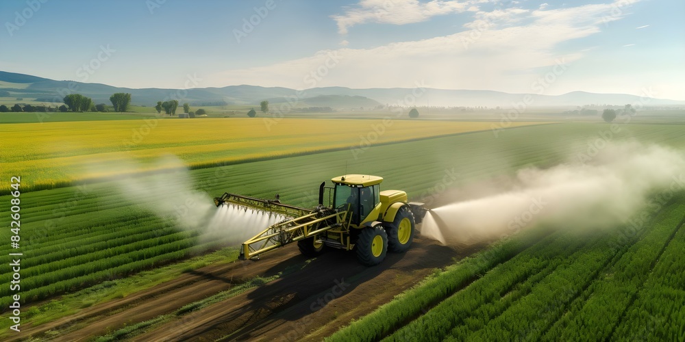Fototapeta premium Aerial perspective of tractor applying pesticides with field sprayer in action. Concept Agricultural Technology, Aerial Photography, Farming Practices, Pesticide Application, Tractor Sprayer