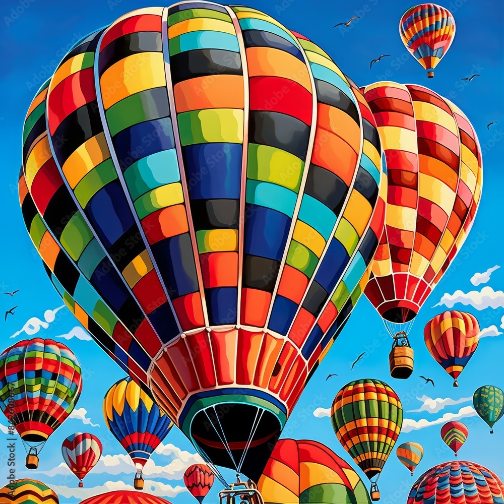 Naklejka premium A colorful hot air balloon with many other hot air balloons in the sky