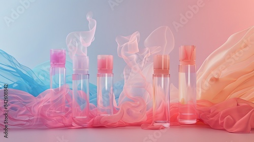a studio scene with groupage of five product with flying vertical fabric wrapped five product, in style of parfume campaign, modern luxury , gradient color  photo