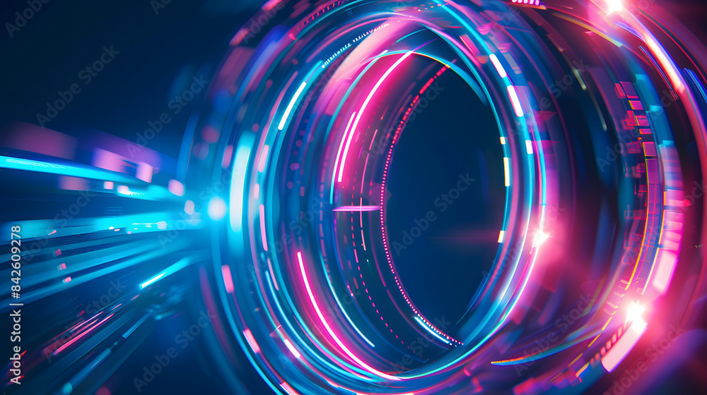 Abstract technology futuristic neon circle glowing blue and pink light lines with speed motion blur effect on dark blue background Abstract technology futuristic neon circle glowing blue and pink light lines with speed motion blur effect on dark blue background
