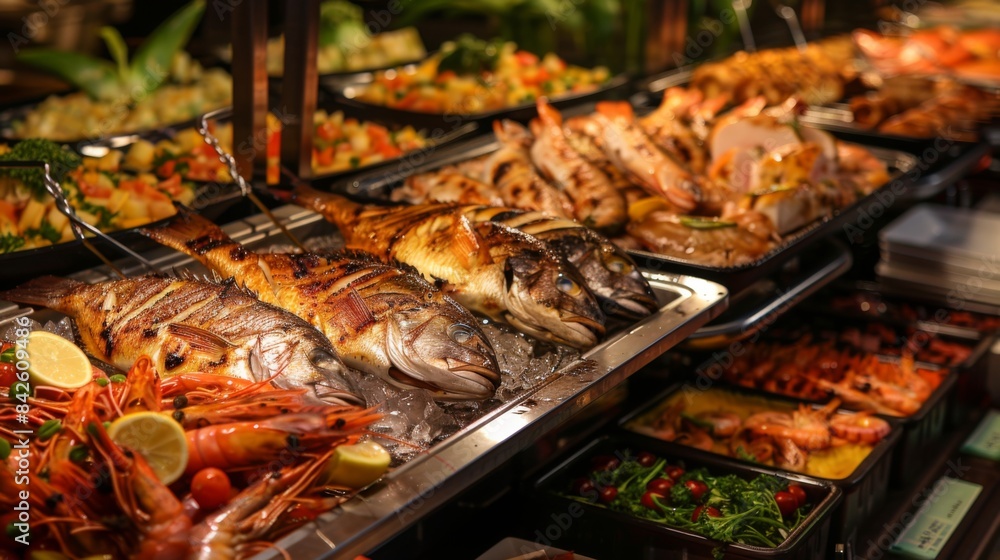 A seafood buffet spread featuring an array of grilled fish dishes, offering diners a taste of coastal delicacies. A seafood buffet spread featuring an array of grilled fish dishes, offering diners a taste of coastal delicacies.