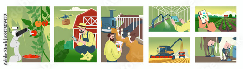 Agriculture smart farm. Remote drone. Cow milking. Vegetables growing in greenhouse. Mobile control technology. Farmers land. Field landscape. Agricultural innovation banners set. Vector background