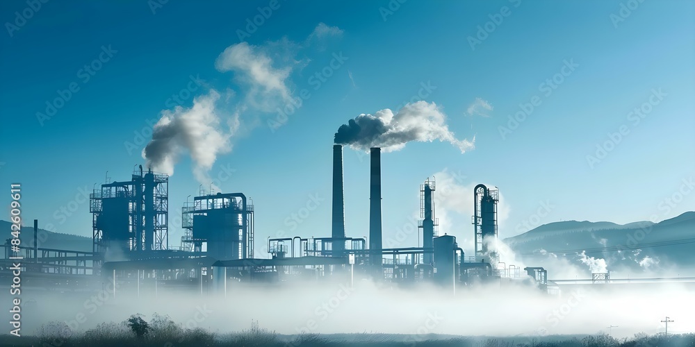 Factory with smokestacks symbolizing industrial processes and environmental consequences. Concept Factory Pollution, Smokestacks, Industrial Processes, Environment Consequences Factory with smokestacks symbolizing industrial processes and environmental consequences. Concept Factory Pollution, Smokestacks, Industrial Processes, Environment Consequences