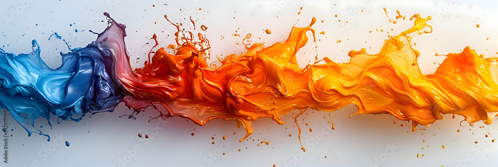 A dynamic burst of colorful paint splashes isolated on a pristine white background A dynamic burst of colorful paint splashes isolated on a pristine white background