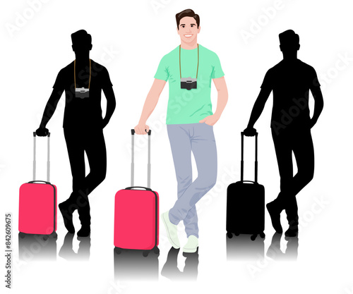 Young man tourist with camera. Male in casual clothes with a suitcase. Young male traveler goes on a journey. Vector illustration isolated on white