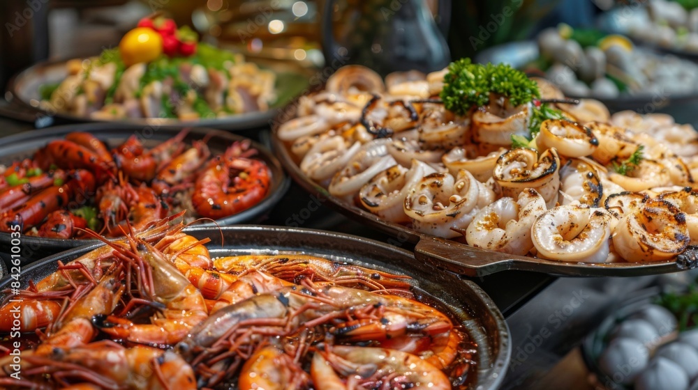 Obraz premium A seafood buffet spread featuring an array of grilled squid dishes, offering diners a taste of coastal delicacies.