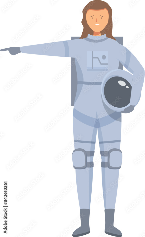 Young smiling female astronaut pointing with finger to the side holding helmet under her arm Young smiling female astronaut pointing with finger to the side holding helmet under her arm