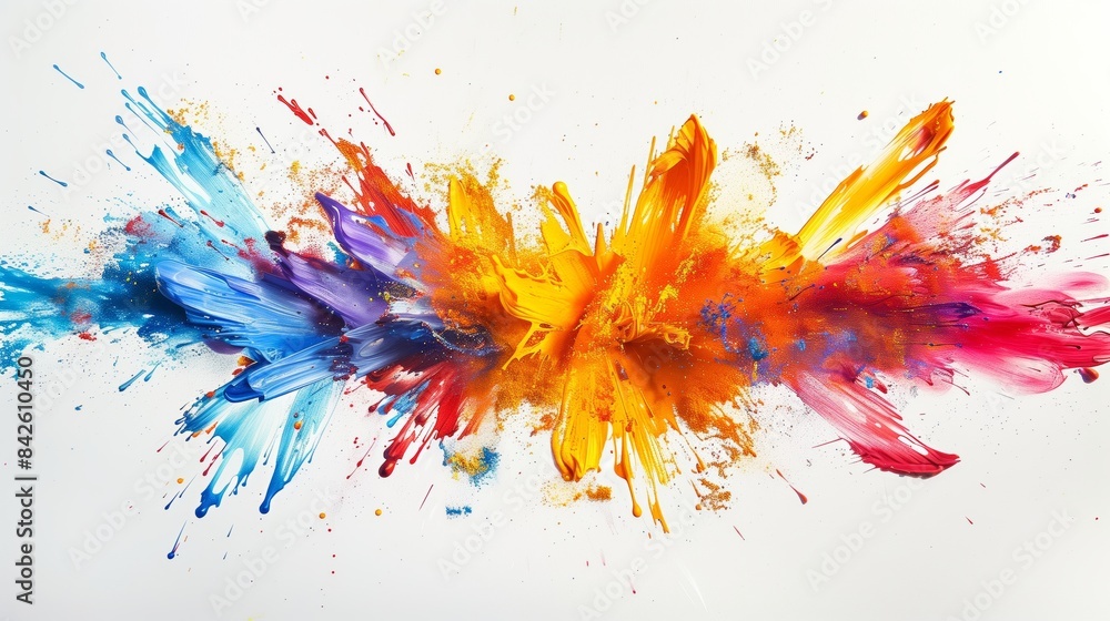 Explosive Burst of Colorful Dry Pigments in Mid-Air Against White Background Explosive Burst of Colorful Dry Pigments in Mid-Air Against White Background