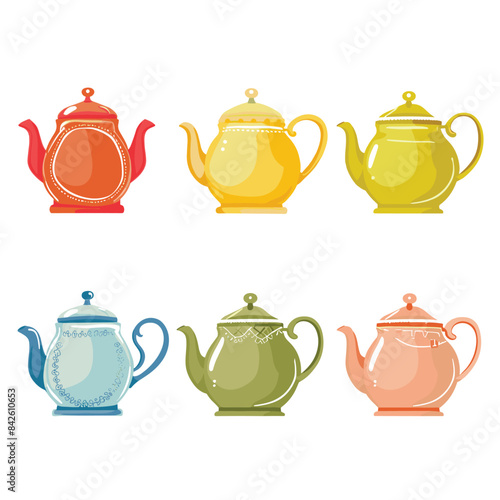 Colorful teapots collection featuring different shapes ornamental designs. Vintage style teapots serving tea, kitchenware graphics. Ceramic teapot set, traditional drinkware illustrations