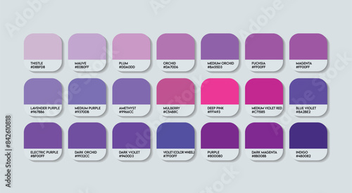 Pomegranate Color Palette, Pomegranate Color Guide Palette with Color Names. Catalog Samples of pomegranate with RGB HEX codes and Names. Purple Colors Palette Vector, Plastic Purple Color Palette