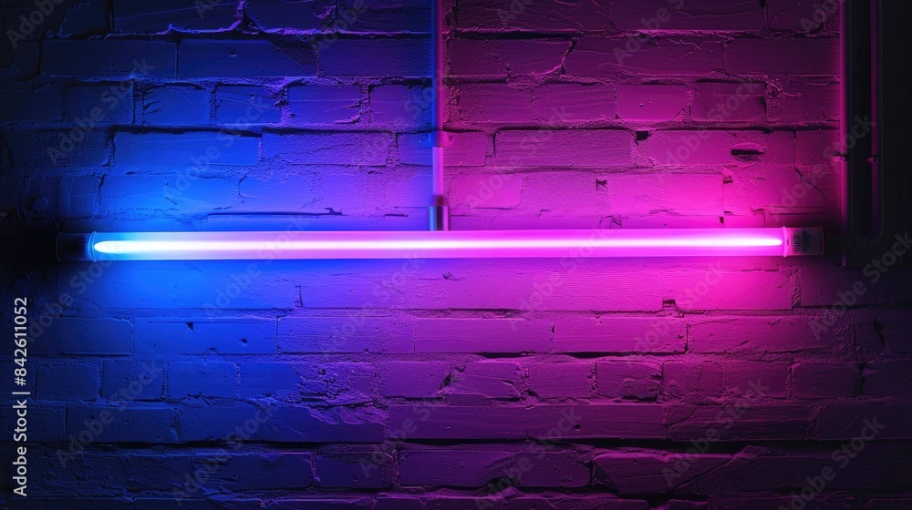 Bright purple and blue LED or neon light fixture mounted on a wall set against a dark backdrop with strong contrast Bright purple and blue LED or neon light fixture mounted on a wall set against a dark backdrop with strong contrast