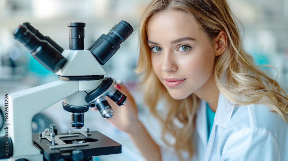 A female scientist looks through a microscope. A female lab assistant working at a desk. A female scientist looks through a microscope. A female lab assistant working at a desk.