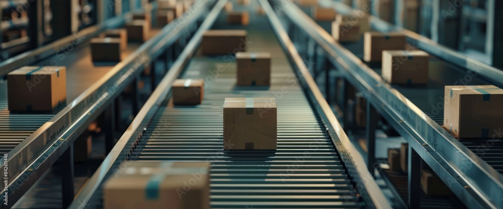 The photo shows boxes on conveyor belts in a warehouse The photo shows boxes on conveyor belts in a warehouse