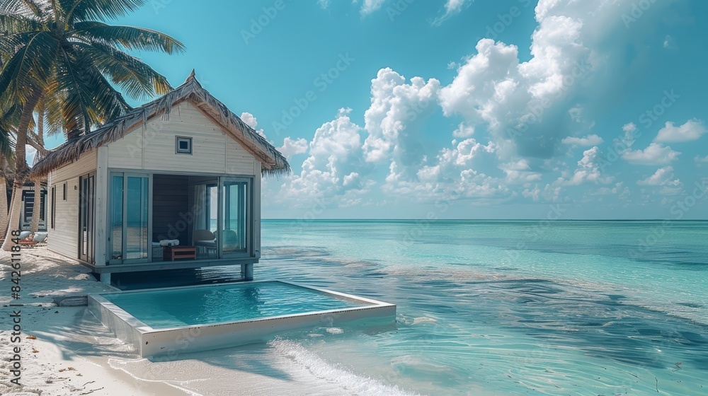 Fototapeta premium A tiny beach house on a tropical beach. small swimming pool. Generative AI.