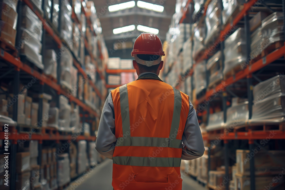 A man in a safety vest is walking through a warehouse. The warehouse is filled with boxes and shelves, and the man is wearing a hard hat. Concept of organization and safety in the workplace A man in a safety vest is walking through a warehouse. The warehouse is filled with boxes and shelves, and the man is wearing a hard hat. Concept of organization and safety in the workplace