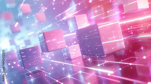 website header hero banner, big white 3D cubes connected one another with glowing cables, in a virtual radiosity white space background, database management mood, lasers, pink, blue and purple color s