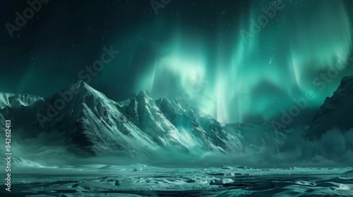 A snow-covered landscape bathed in the ethereal glow of the aurora borealis, creating a scene of otherworldly beauty.