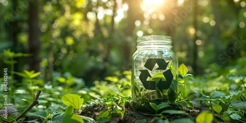 Glass jar with recycling symbol against lush forest backdrop for ecofriendly packaging. Concept Eco-Friendly Packaging, Glass Jars, Recycling Symbol, Forest Backdrop, Sustainable Living photo