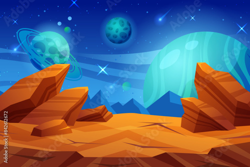 Space game background. Alien planets in starry sky. Cartoon landscape. UI animation. Fantasy world. Galaxy scene. fantastic desert land. Stars and comets. Arcade scenery. Vector garish universe design