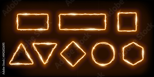 Neon gold frames set with electro flash of lightning vector illustration. Abstract yellow square circle rectangle rhombus hexagon fantasy gates with flare and glow electricity light effect on borders
