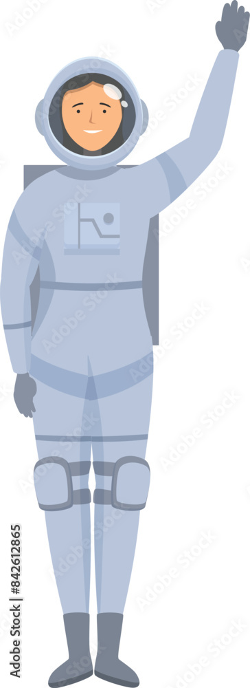 Smiling astronaut wearing spacesuit waving hand standing upright full length isolated Smiling astronaut wearing spacesuit waving hand standing upright full length isolated