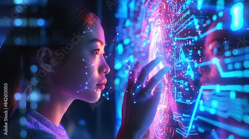 a woman using biometric security on her phone, holographic digital interface with detailed circuit patterns and futuristic design elements