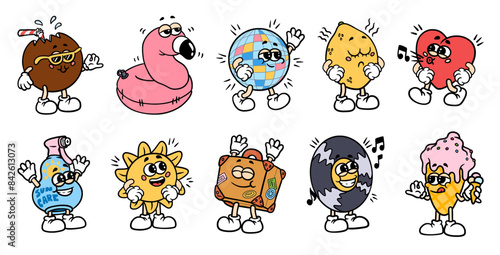 Summer retro icon. Groovy sticker. Cartoon characters with happy smile faces. Rainbow emoticon. Disco ball hands gesture. Psychedelic sunshine. Funny sun. Funky y2k pop print. Vector 60s mascots set