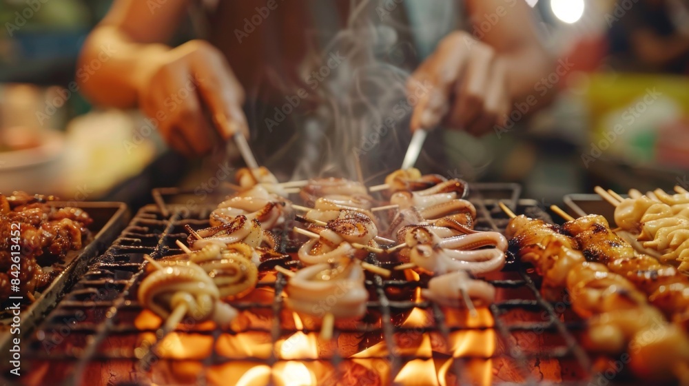 A street food vendor grilling squid skewers over hot coals, attracting hungry customers with the enticing aroma. A street food vendor grilling squid skewers over hot coals, attracting hungry customers with the enticing aroma.