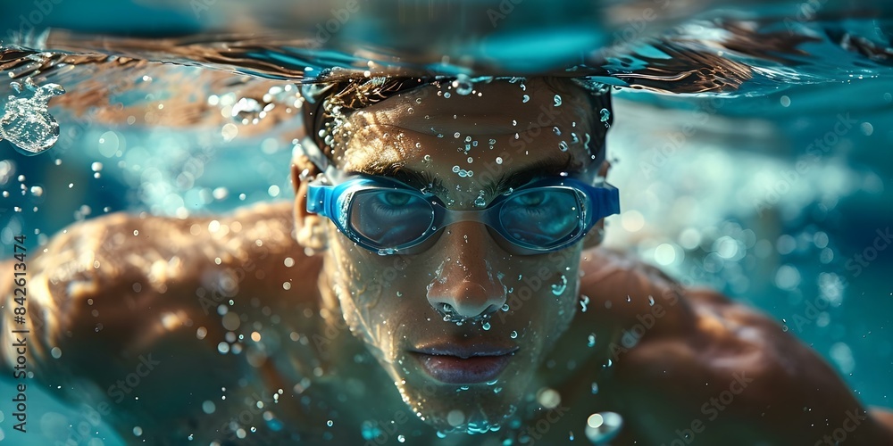 Focused swimmers intense underwater gaze exudes serenity and Olympic sport dedication. Concept Swimming, Underwater Photography, Athletes, Serenity, Dedication