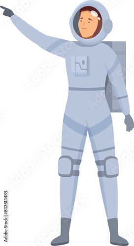 Astronaut is pointing at something interesting in outer space while wearing a spacesuit