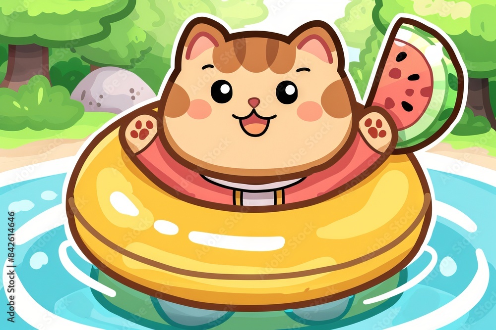 Obraz premium A cartoon cat floats on an inflatable ring in the sea and holds a piece of watermelon. Concept: Children's illustration, summer posters, children's books