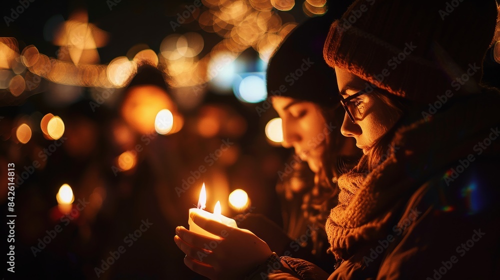 Peaceful candlelight vigil with a diverse crowd at night, participating in prayer and commemoration for a solemn occasion. A tranquil scene highlighting unity, peace, and remembrance in a community ga Peaceful candlelight vigil with a diverse crowd at night, participating in prayer and commemoration for a solemn occasion. A tranquil scene highlighting unity, peace, and remembrance in a community ga