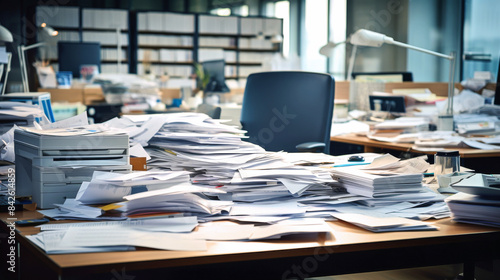An office desk covered in piles of paperwork. An absent employee at the workplace.