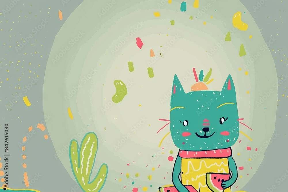Illustration of a cute cat with a watermelon surrounded by flying confetti. Concept: Children's books, cards, posters, design elements for children's products, decorations for children's rooms. Illustration of a cute cat with a watermelon surrounded by flying confetti. Concept: Children's books, cards, posters, design elements for children's products, decorations for children's rooms.