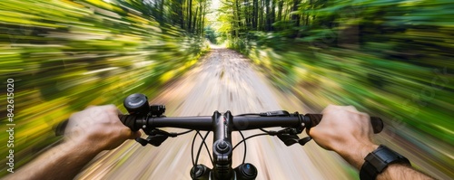 Cyclist's perspective on a blurred forest pathway: a high-speed thrilling experience