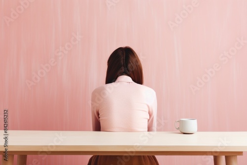 A woman sits at a table with a mug in front of her photo