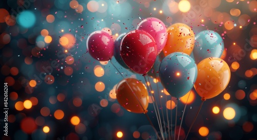 Purple and Red Balloons Floating in Confetti