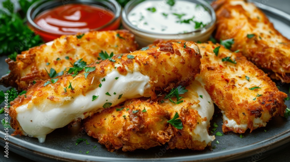 Cheesy mozzarella sticks with fresh parsley and dipping sauces Cheesy mozzarella sticks with fresh parsley and dipping sauces