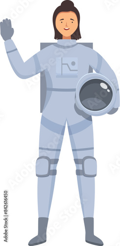 Female astronaut wearing spacesuit waving hand holding helmet posing illustration